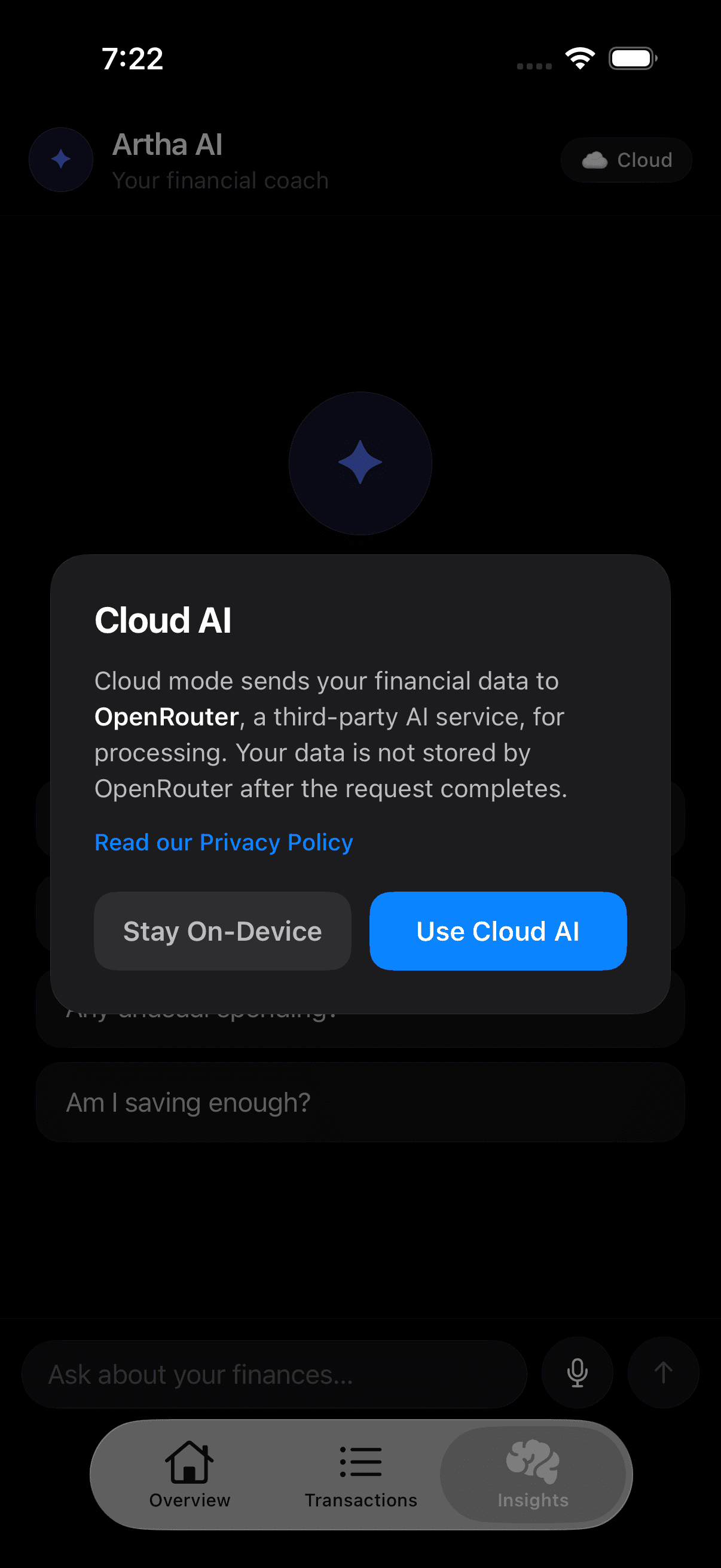 Artha AI financial coach screen