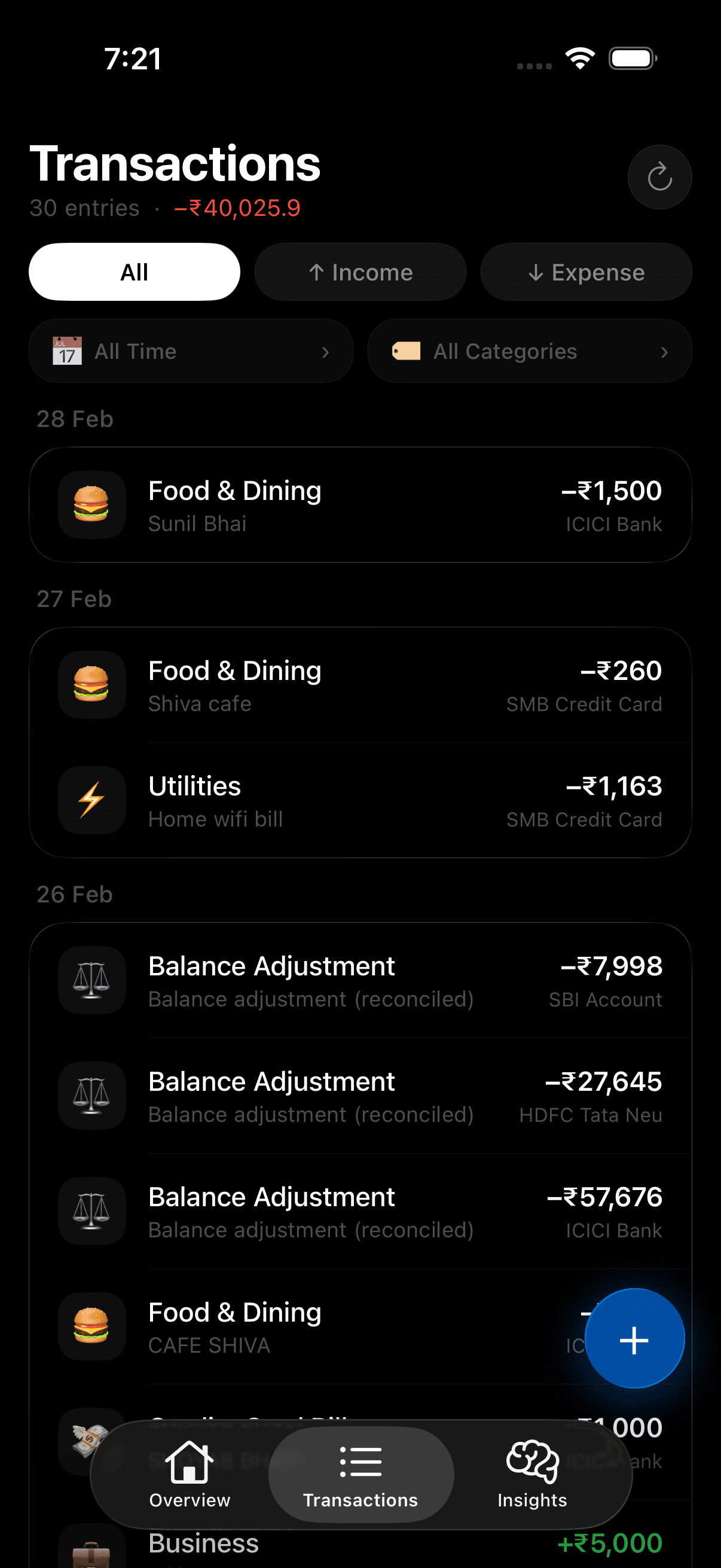 Artha transactions screen